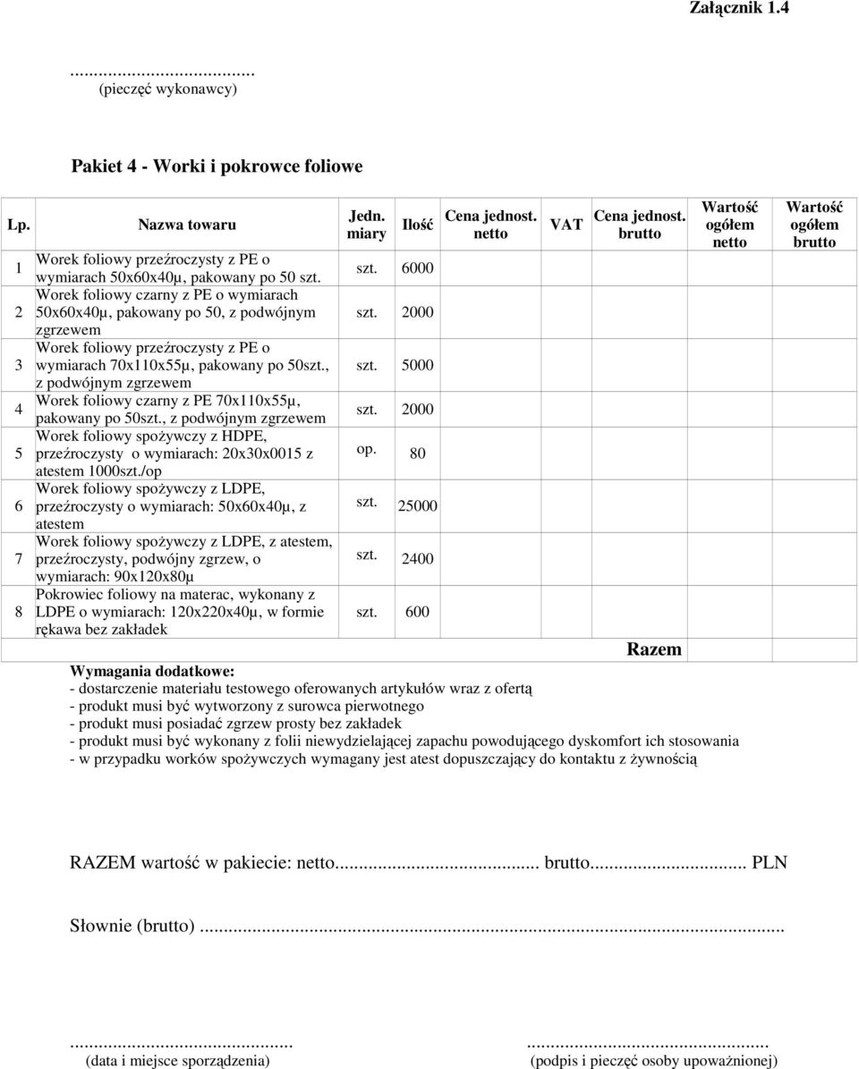 , z podwójnym zgrzewem Worek foliowy czarny z PE 70x110x55µ, 4 pakowany po 50szt., z podwójnym zgrzewem Worek foliowy spoŝywczy z HDPE, 5 przeźroczysty o wymiarach: 20x30x0015 z atestem 1000szt.