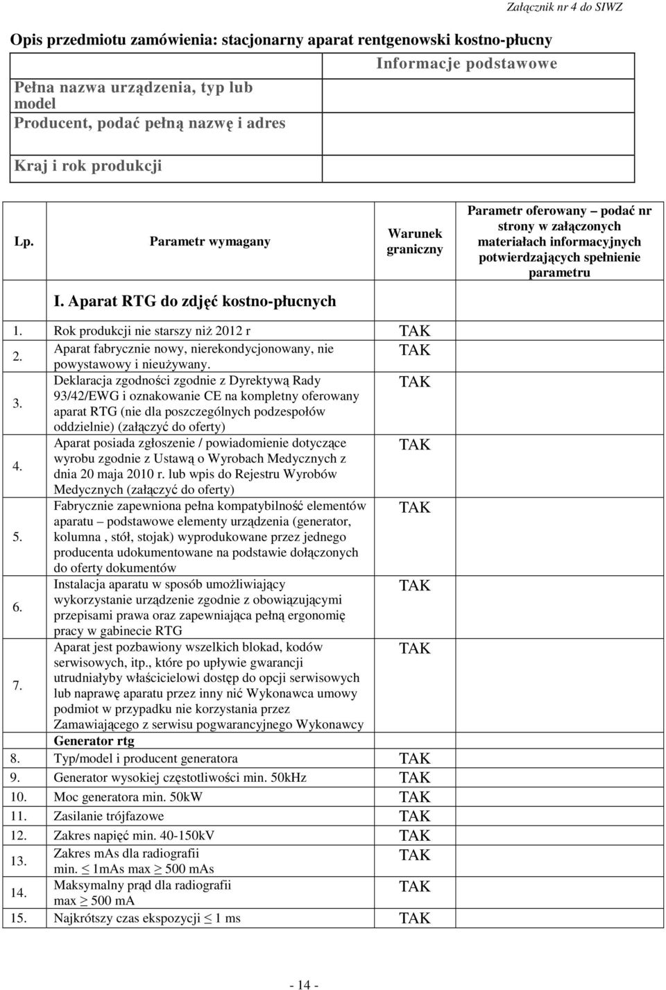 Aparat RTG do zdjęć kostno-płucnych 1. Rok produkcji nie starszy niŝ 2012 r 2. Aparat fabrycznie nowy, nierekondycjonowany, nie powystawowy i nieuŝywany.