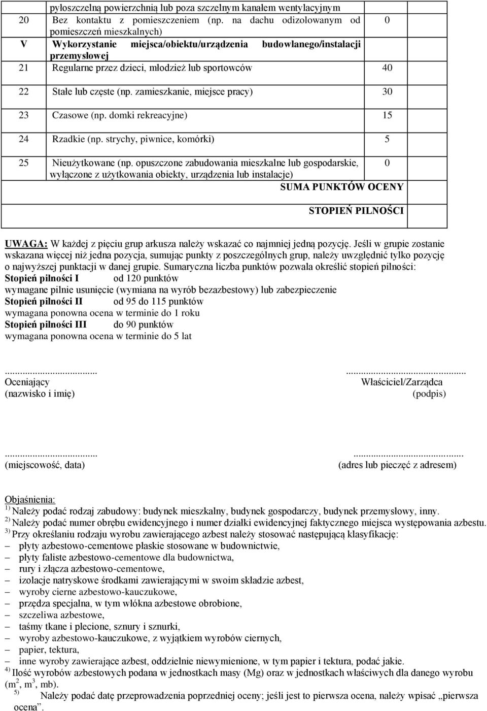 częste (np. zamieszkanie, miejsce pracy) 30 23 Czasowe (np. domki rekreacyjne) 15 24 Rzadkie (np. strychy, piwnice, komórki) 5 25 Nieużytkowane (np.