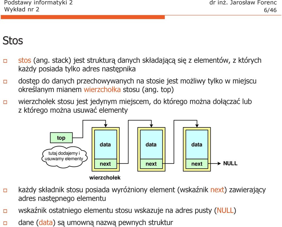 moŝliwy tylko w miejscu określanym mianem wierzchołka stosu (ang.