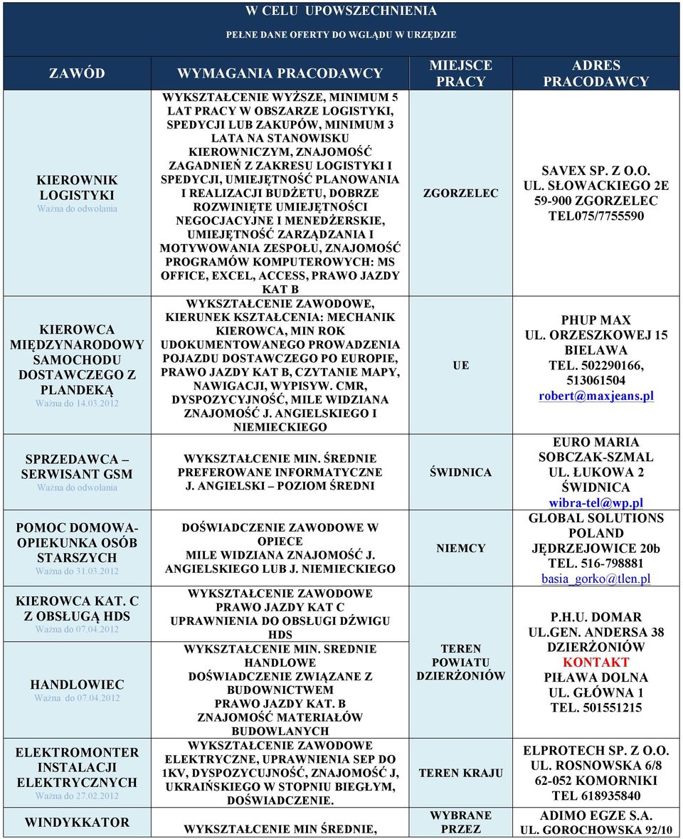 02.2012 WINDYKKATOR WYMAGANIA PRACODAWCY WYKSZTAŁCENIE WYŻSZE, MINIMUM 5 LAT W OBSZARZE LOGISTYKI, SPEDYCJI LUB ZAKUPÓW, MINIMUM 3 LATA NA STANOWISKU KIEROWNICZYM, ZNAJOMOŚĆ ZAGADNIEŃ Z ZAKRESU