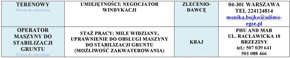 (MOŻLIWOŚĆ ZAKWATEROWANIA) ZLECENIO- DAWCĘ 04-301 WARSZAWA TEL 224124814 monika.