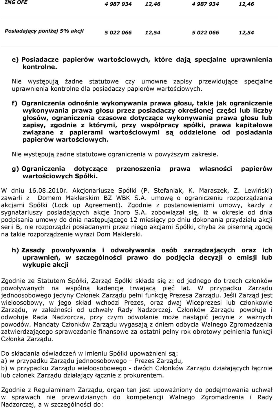 f) Ograniczenia odnośnie wykonywania prawa głosu, takie jak ograniczenie wykonywania prawa głosu przez posiadaczy określonej części lub liczby głosów, ograniczenia czasowe dotyczące wykonywania prawa