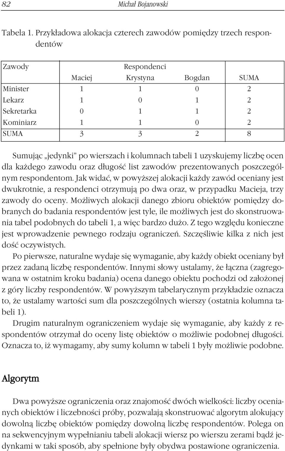 Sumując jedynki po wierszach i kolumnach tabeli 1 uzyskujemy liczbę ocen dla każdego zawodu oraz długość list zawodów prezentowanych poszczególnym respondentom.