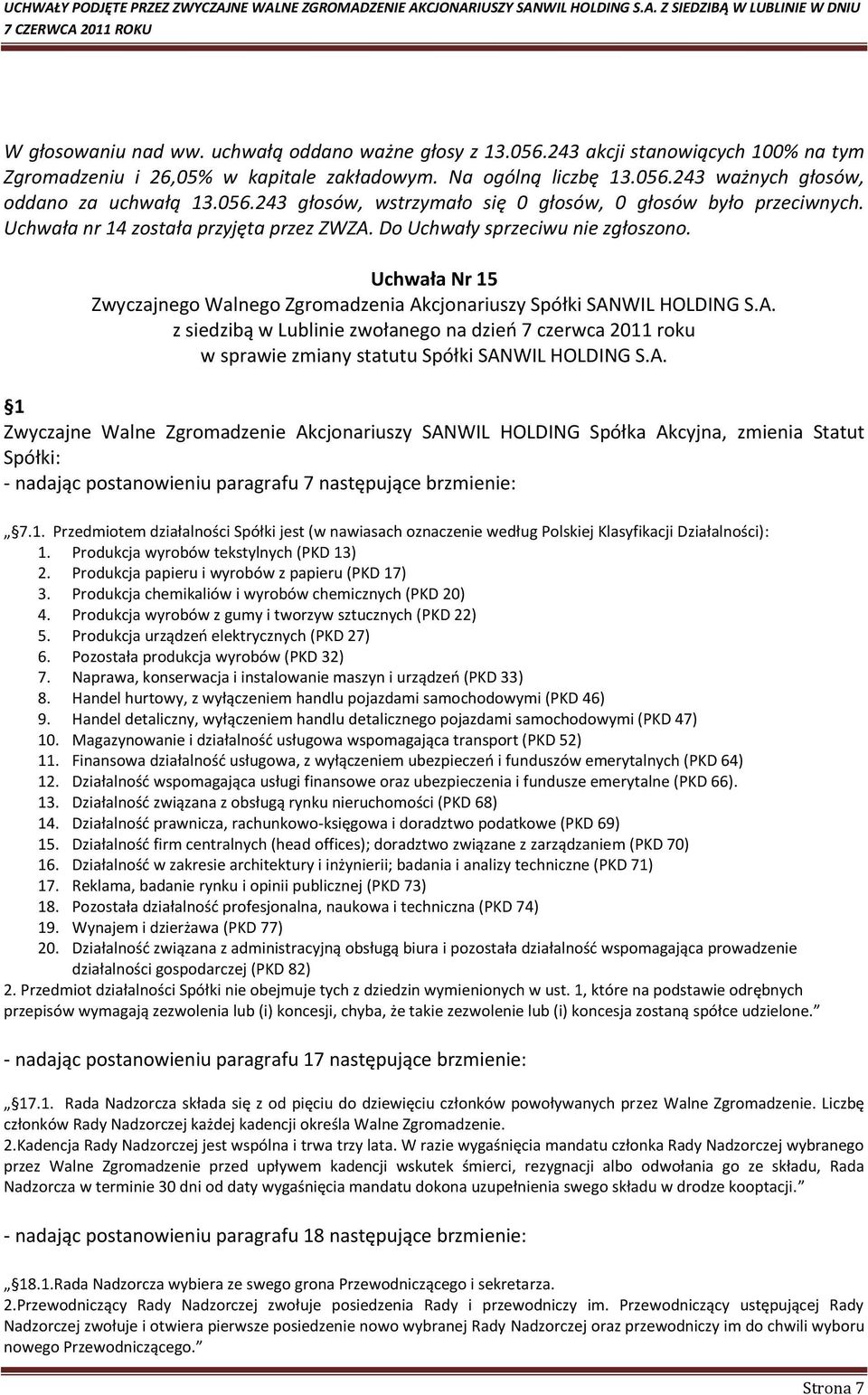 WIL HOLDING S.A. Zwyczajne Walne Zgromadzenie Akcjonariuszy SANWIL HOLDING Spółka Akcyjna, zmienia Statut Spółki: - nadając postanowieniu paragrafu 7 następujące brzmienie: 7.1.