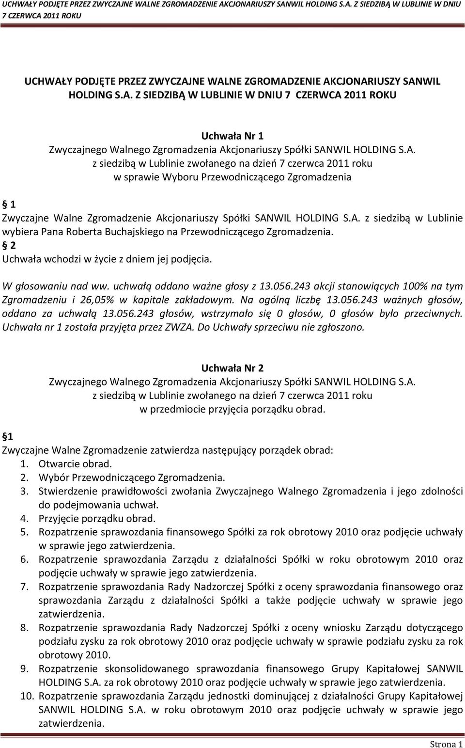 Do Uchwały sprzeciwu nie zgłoszono. Uchwała Nr 2 w przedmiocie przyjęcia porządku obrad. Zwyczajne Walne Zgromadzenie zatwierdza następujący porządek obrad: 1. Otwarcie obrad. 2. Wybór Przewodniczącego Zgromadzenia.