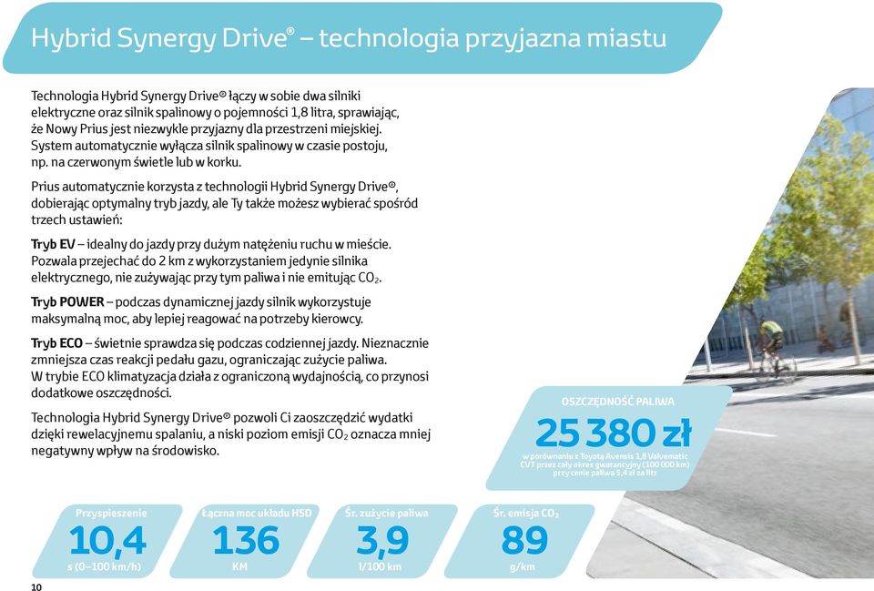 Prius automatycznie korzysta z technologii Hybrid Synergy Drive, dobierając optymalny tryb jazdy, ale Ty także możesz wybierać spośród trzech ustawień: Tryb EV idealny do jazdy przy dużym natężeniu