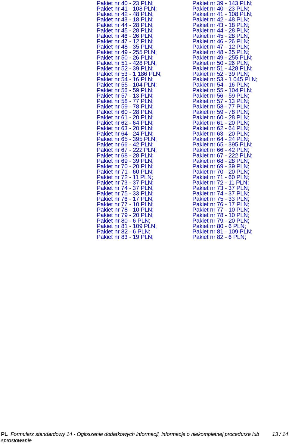 58-77 PLN; Pakiet nr 59-78 PLN; Pakiet nr 60-28 PLN; Pakiet nr 61-20 PLN; Pakiet nr 62-64 PLN; Pakiet nr 63-20 PLN; Pakiet nr 64-24 PLN; Pakiet nr 65-395 PLN; Pakiet nr 66-42 PLN; Pakiet nr 67-222