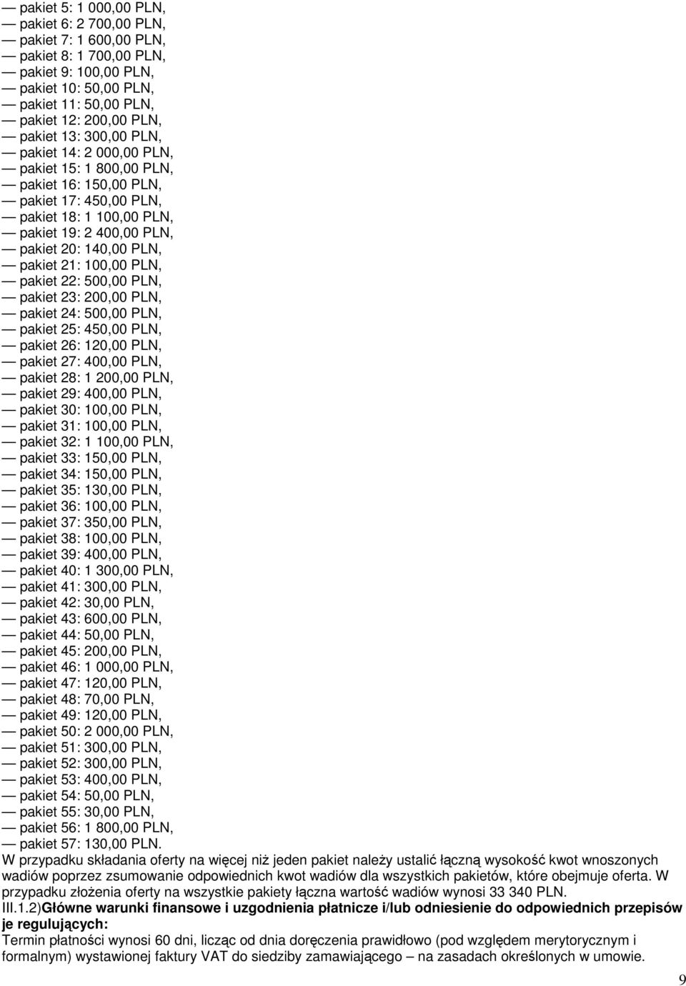 PLN, pakiet 22: 500,00 PLN, pakiet 23: 200,00 PLN, pakiet 24: 500,00 PLN, pakiet 25: 450,00 PLN, pakiet 26: 120,00 PLN, pakiet 27: 400,00 PLN, pakiet 28: 1 200,00 PLN, pakiet 29: 400,00 PLN, pakiet