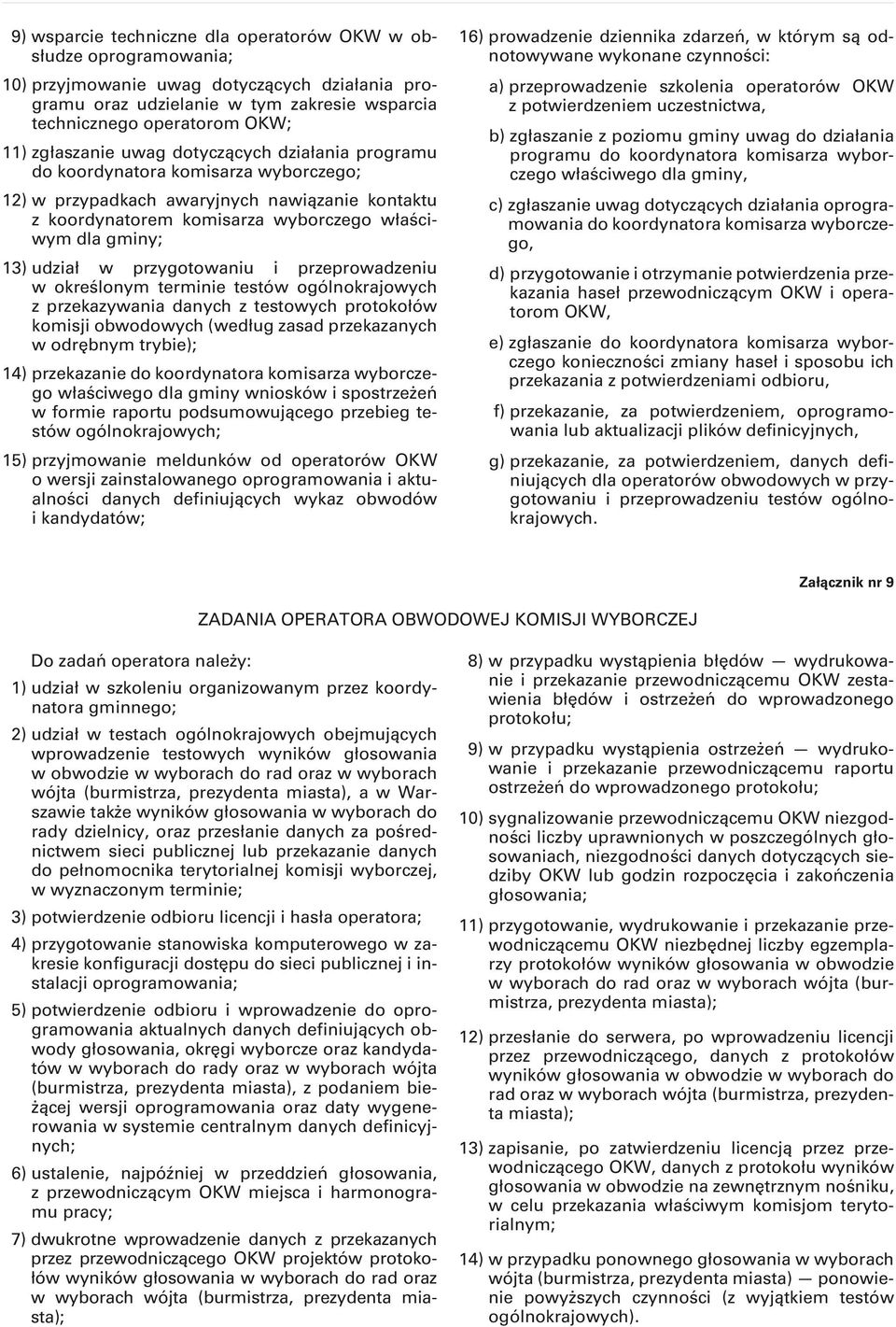 udział w przygotowaniu i przeprowadzeniu w określonym terminie testów ogólnokrajowych z przekazywania danych z testowych protokołów komisji obwodowych (według zasad przekazanych w odrębnym trybie);