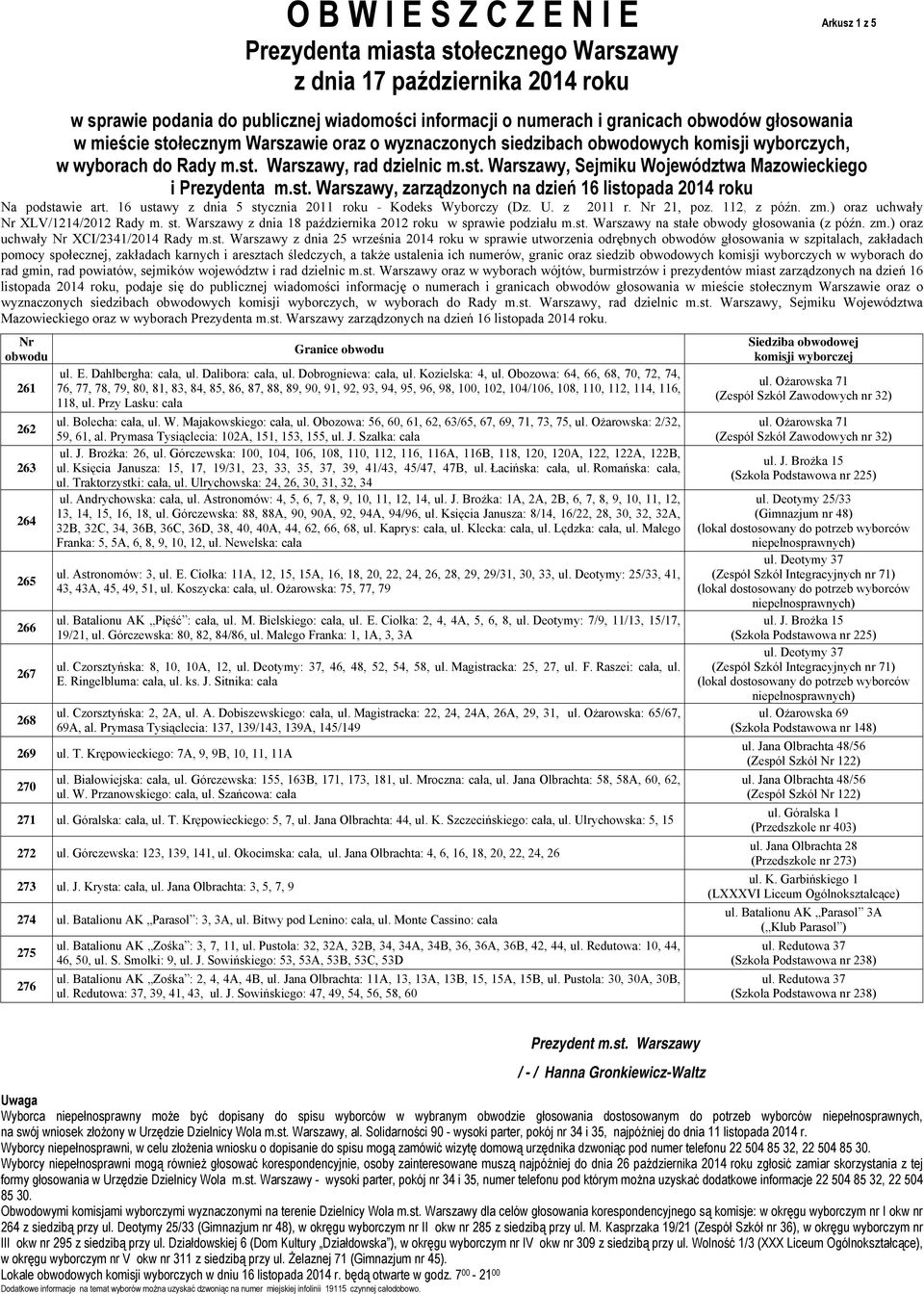 Bolecha: cała, ul. W. Majakowskiego: cała, ul. Obozowa: 56, 60, 61, 62, 63/65, 67, 69, 71, 73, 75, ul. Ożarowska: 2/32, 59, 61, al. Prymasa Tysiąclecia: 102A, 151, 153, 155, ul. J. Szałka: cała ul. J. Brożka: 26, ul.