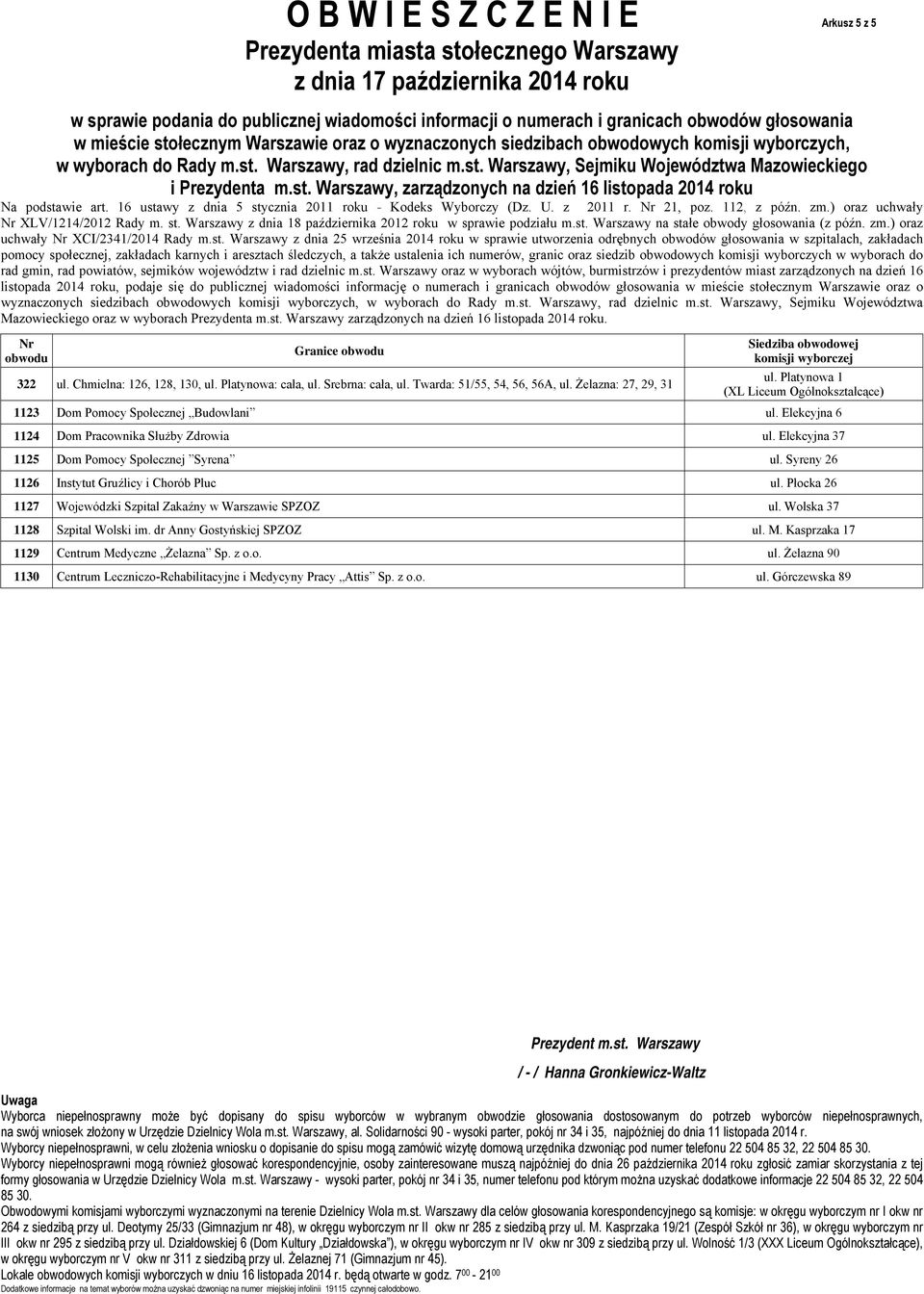 Syreny 26 1126 Instytut Gruźlicy i Chorób Płuc ul. Płocka 26 1127 Wojewódzki Szpital Zakaźny w Warszawie SPZOZ ul. Wolska 37 1128 Szpital Wolski im. dr Anny Gostyńskiej SPZOZ ul. M.