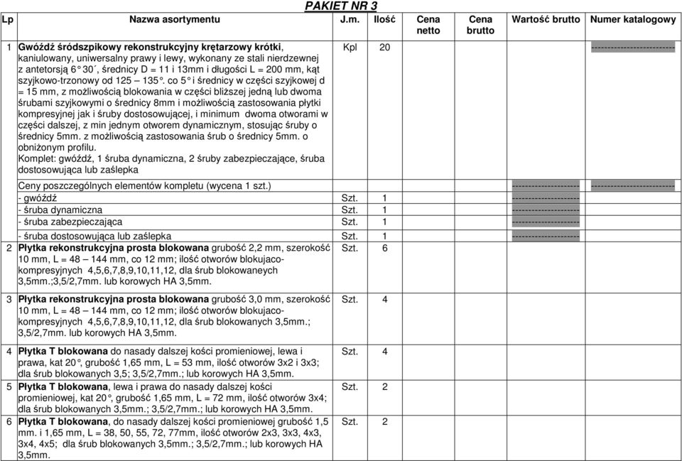 Ilość Cena netto 1 Gwóźdź śródszpikowy rekonstrukcyjny krętarzowy krótki, kaniulowany, uniwersalny prawy i lewy, wykonany ze stali nierdzewnej z antetorsją 6 30, średnicy D = 11 i 13mm i długości L =