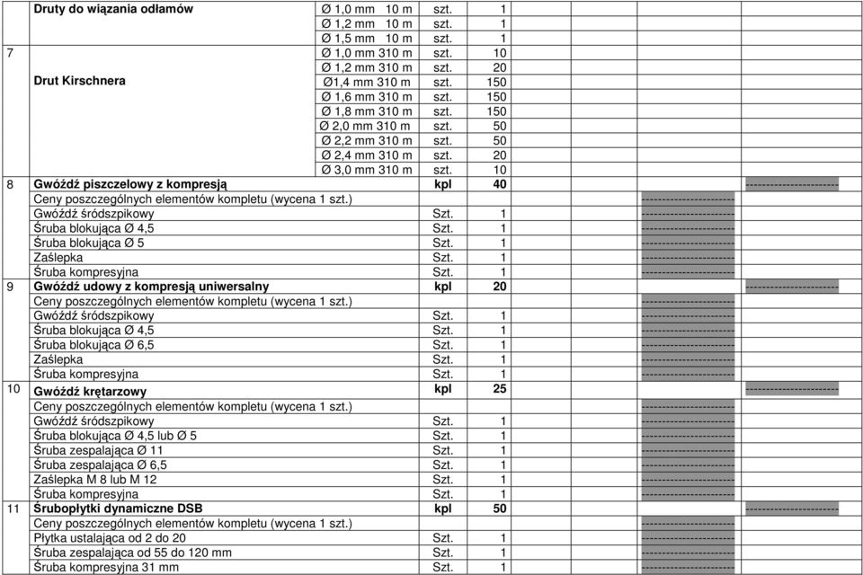 10 8 Gwóźdź piszczelowy z kompresją kpl 40 ----------------------- Gwóźdź śródszpikowy Szt. 1 ----------------------- Śruba blokująca Ø 4,5 Szt. 1 ----------------------- Śruba blokująca Ø 5 Szt.