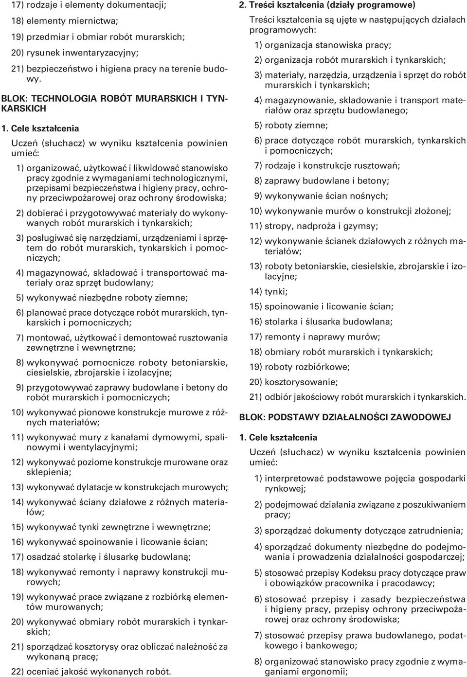 przeciwpożarowej oraz ochrony środowiska; 2) dobierać i przygotowywać materiały do wykonywanych robót murarskich i tynkarskich; 3) posługiwać się narzędziami, urządzeniami i sprzętem do robót