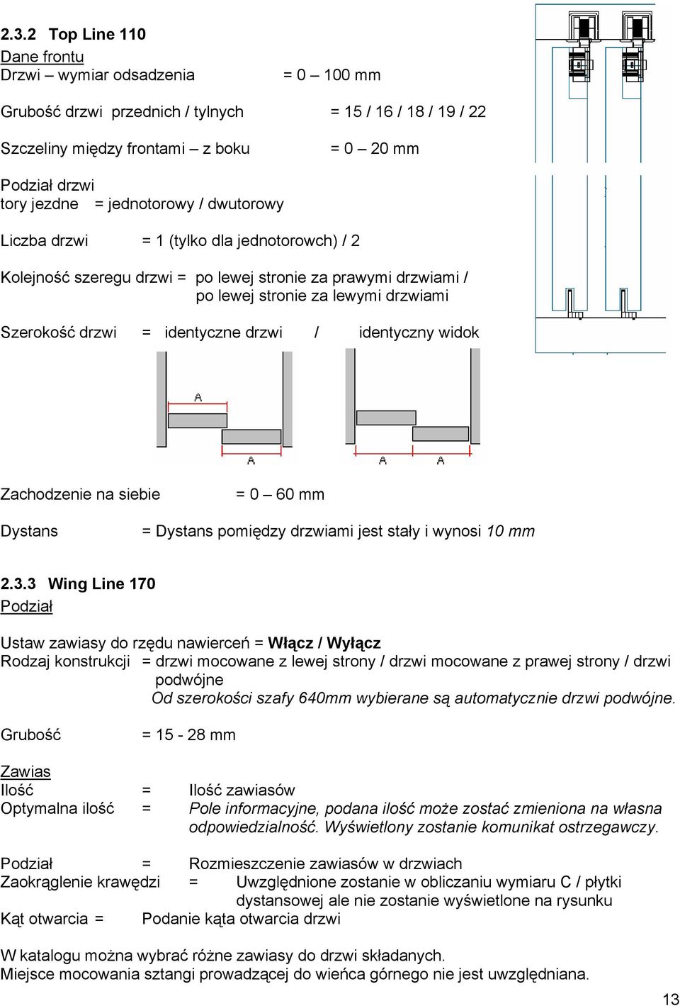 drzwi / identyczny widok Zachodzenie na siebie = 0 60 mm Dystans = Dystans pomiędzy drzwiami jest stały i wynosi 10 mm 2.3.