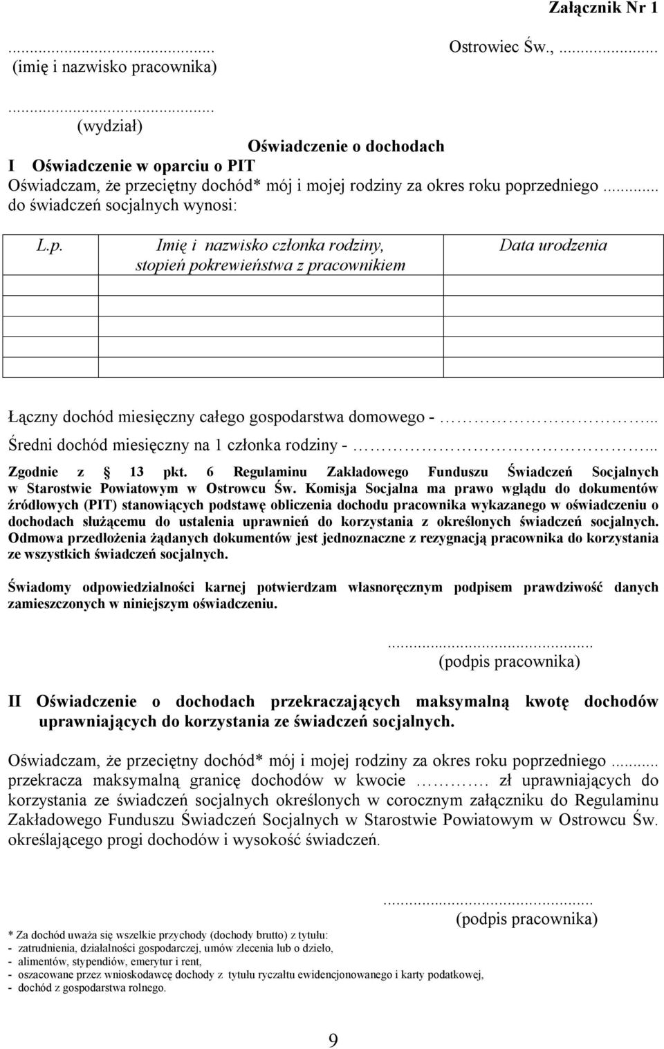 .. Średni dochód miesięczny na 1 członka rodziny -... Zgodnie z 13 pkt. 6 Regulaminu Zakładowego Funduszu Świadczeń Socjalnych w Starostwie Powiatowym w Ostrowcu Św.