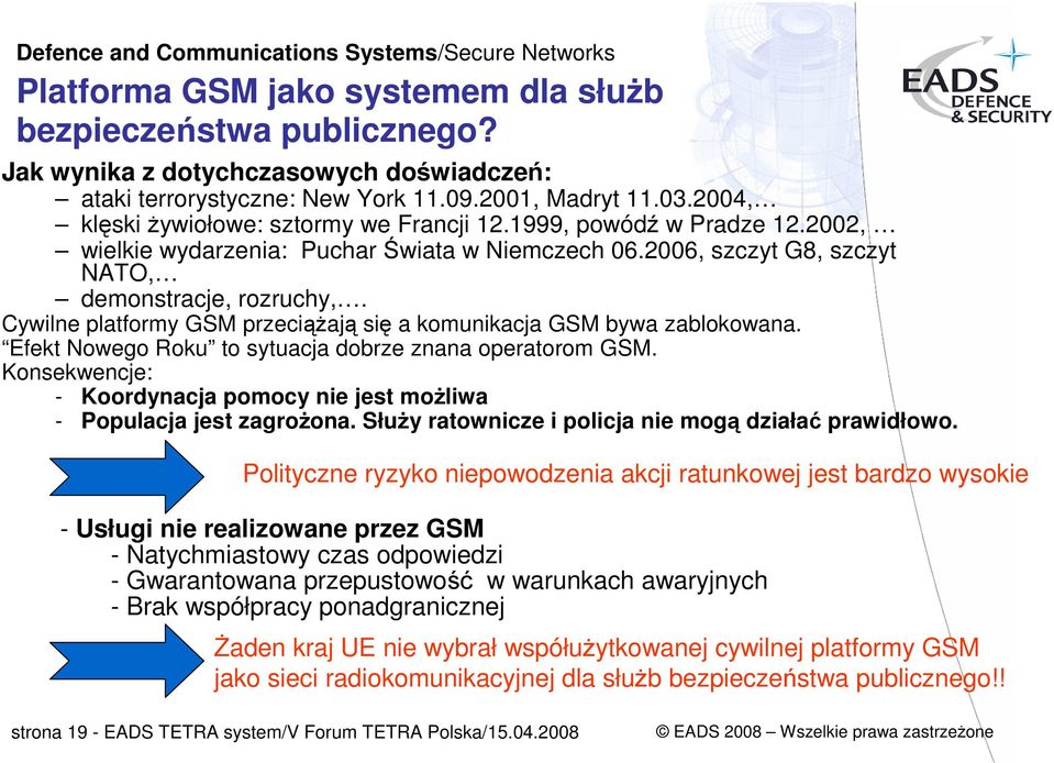 Cywilne platformy GSM przeciąŝają się a komunikacja GSM bywa zablokowana. Efekt Nowego Roku to sytuacja dobrze znana operatorom GSM.