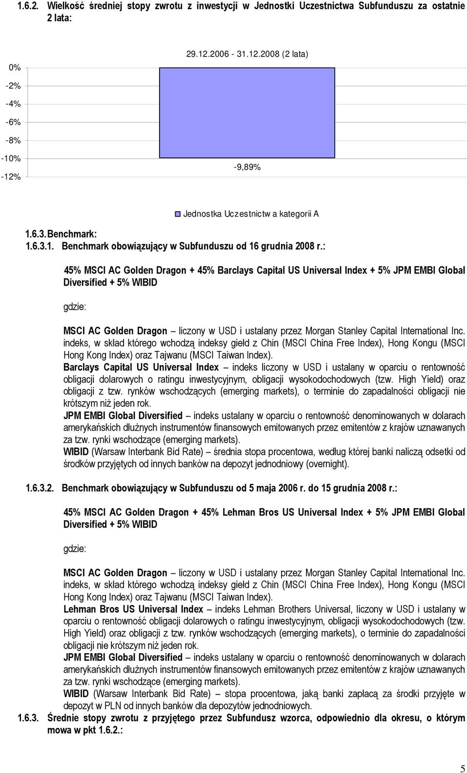 : 45% MSCI AC Golden Dragon + 45% Barclays Capital US Universal Index + 5% JPM EMBI Global Diversified + 5% WIBID gdzie: MSCI AC Golden Dragon liczony w USD i ustalany przez Morgan Stanley Capital