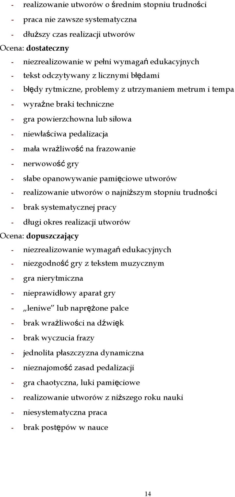 frazowanie - nerwowo ść gry - słabe opanowywanie pamięciowe utworów - realizowanie utworów o najniższym stopniu trudności - brak systematycznej pracy - długi okres realizacji utworów Ocena: