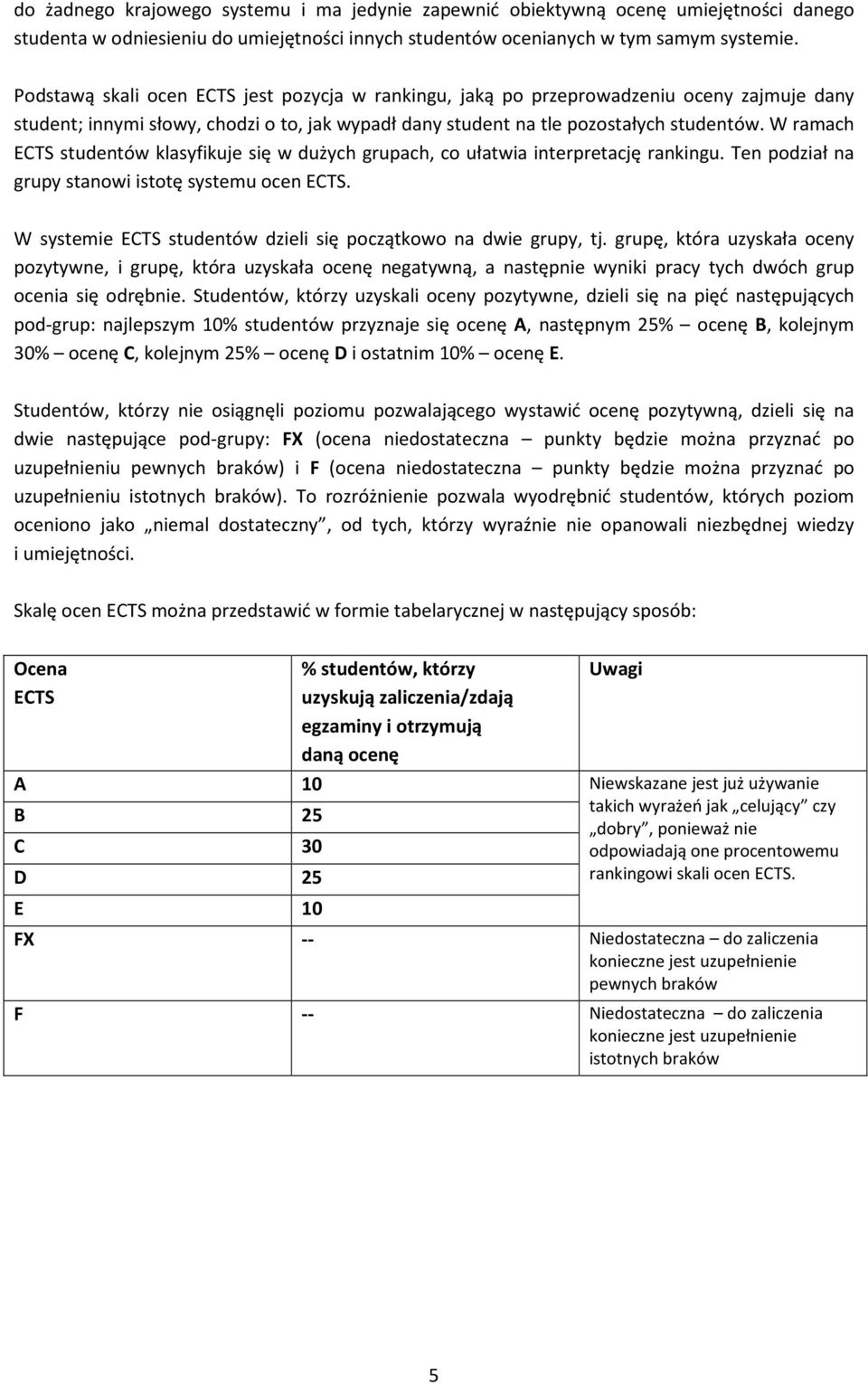 W ramach ECTS studentów klasyfikuje się w dużych grupach, co ułatwia interpretację rankingu. Ten podział na grupy stanowi istotę systemu ocen ECTS.