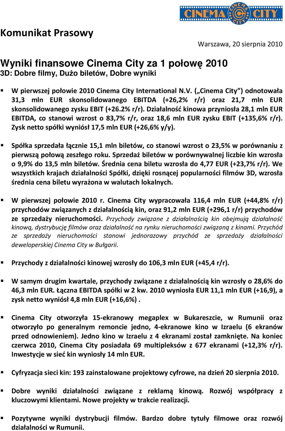 oraz 21,7 mln EUR skonsolidowanego zysku EBIT (+26.2% r/r). Działalność kinowa przyniosła 28,1 mln EUR EBITDA, co stanowi wzrost o 83,7% r/r, oraz 18,6 mln EUR zysku EBIT (+135,6% r/r).