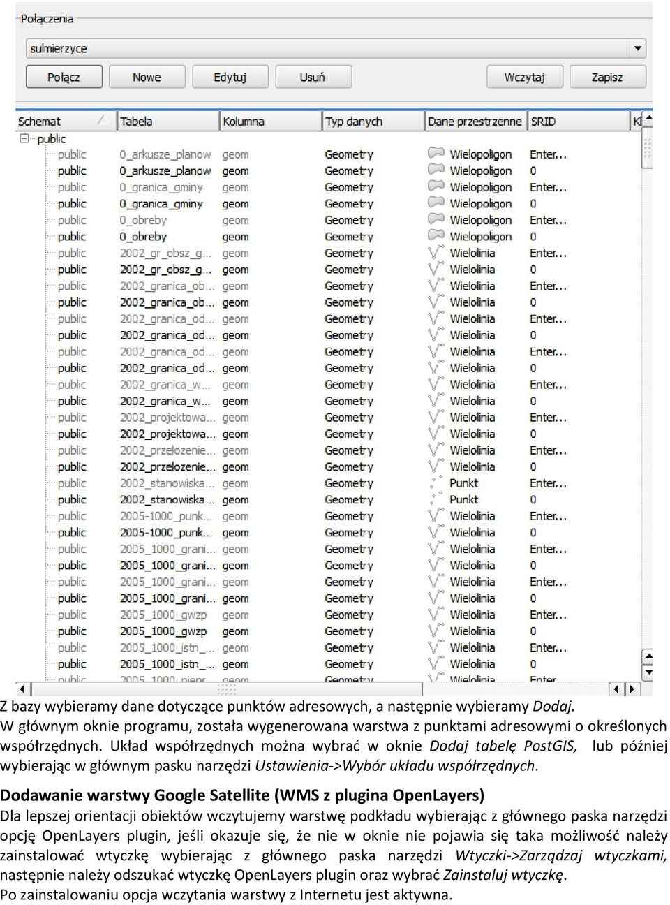 Dodawanie warstwy Google Satellite (WMS z plugina OpenLayers) Dla lepszej orientacji obiektów wczytujemy warstwę podkładu wybierając z głównego paska narzędzi opcję OpenLayers plugin, jeśli okazuje