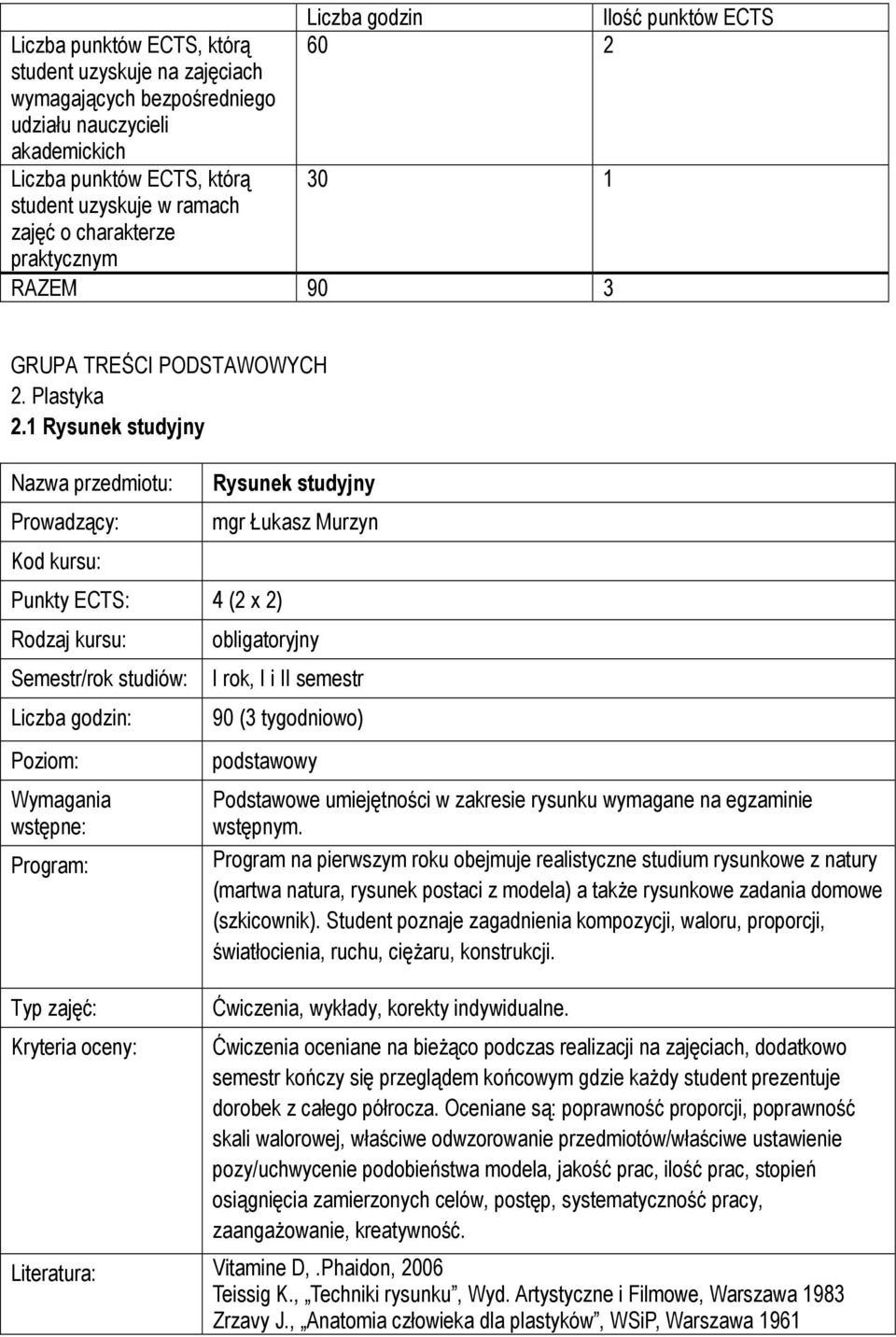 1 Rysunek studyjny Nazwa przedmiotu: Prowadzący: Kod kursu: Punkty ECTS: 4 (2 x 2) Rodzaj kursu: Semestr/rok studiów: Liczba godzin: Poziom: Wymagania wstępne: Program: Typ zajęć: Kryteria oceny: