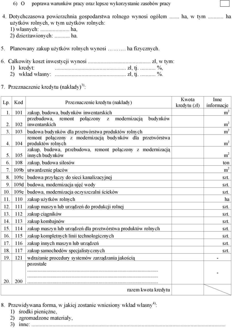 .. zł, w tym: 1) kredyt:... zł, tj.... %, 2) wkład własny:... zł, tj.... %. 7. Przeznaczenie kredytu (nakłady) 3) : Lp. Kod Przeznaczenie kredytu (nakłady) Kwota kredytu (zł) Inne informacje 1.