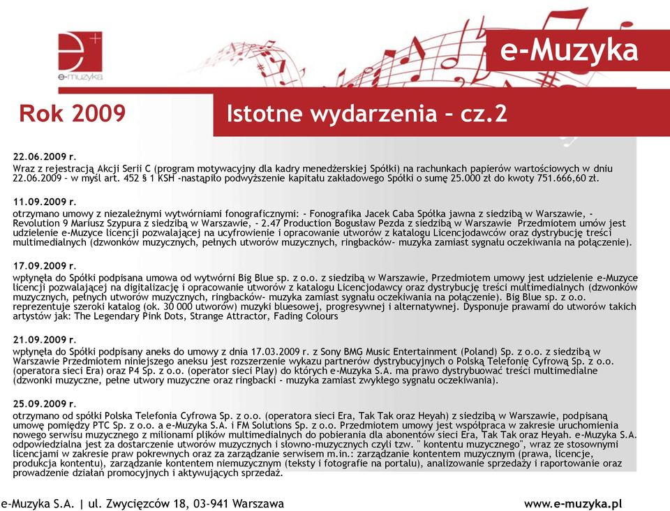 452 1 KSH -nastąpiło podwyższenie kapitału zakładowego Spółki o sumę 25.000 zł do kwoty 751.666,60 zł. 11.09.2009 r.