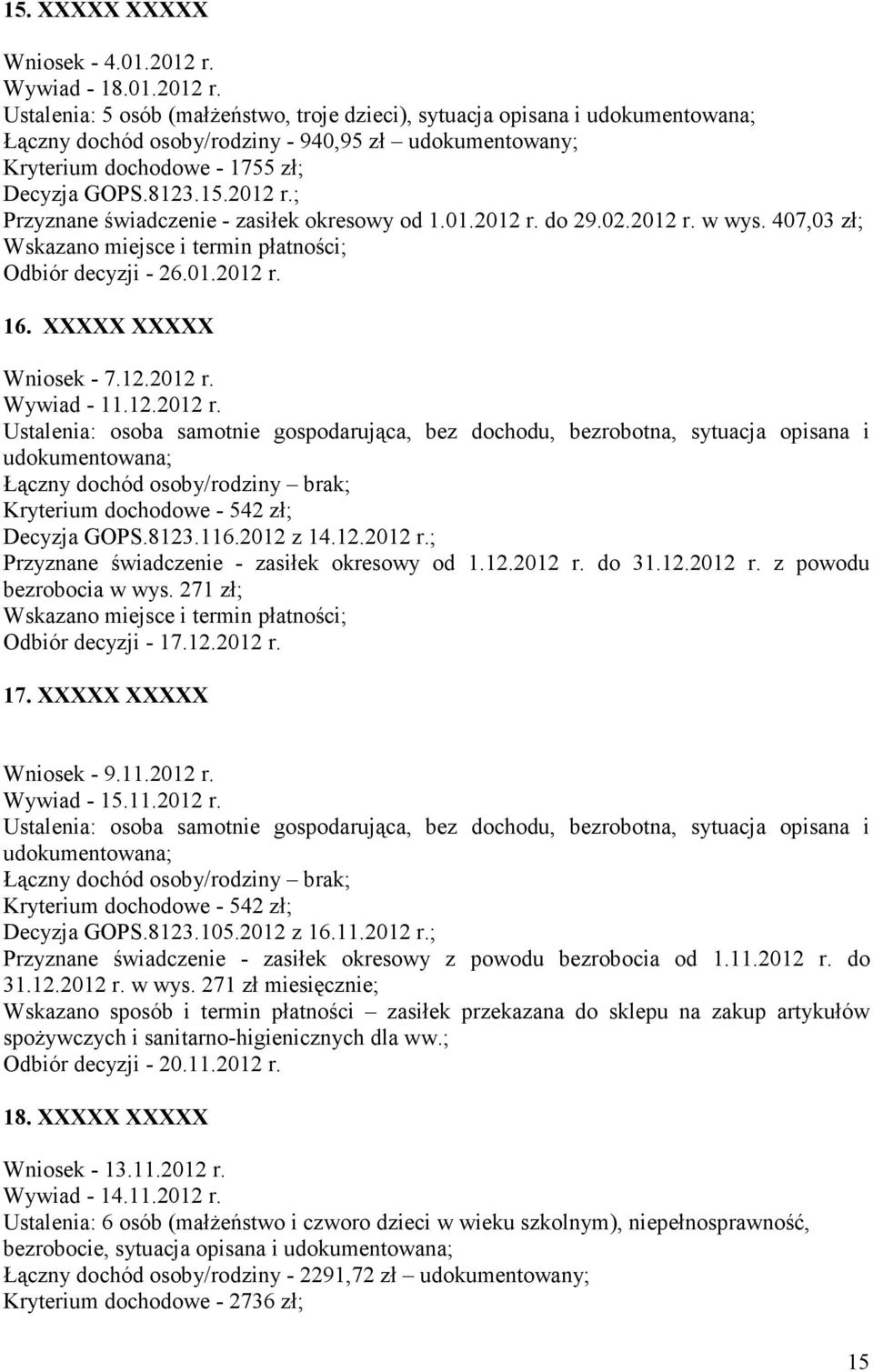 Ustalenia: 5 osób (małżeństwo, troje dzieci), sytuacja opisana i udokumentowana; Łączny dochód osoby/rodziny - 940,95 zł udokumentowany; Kryterium dochodowe - 1755 zł; Decyzja GOPS.8123.15.2012 r.