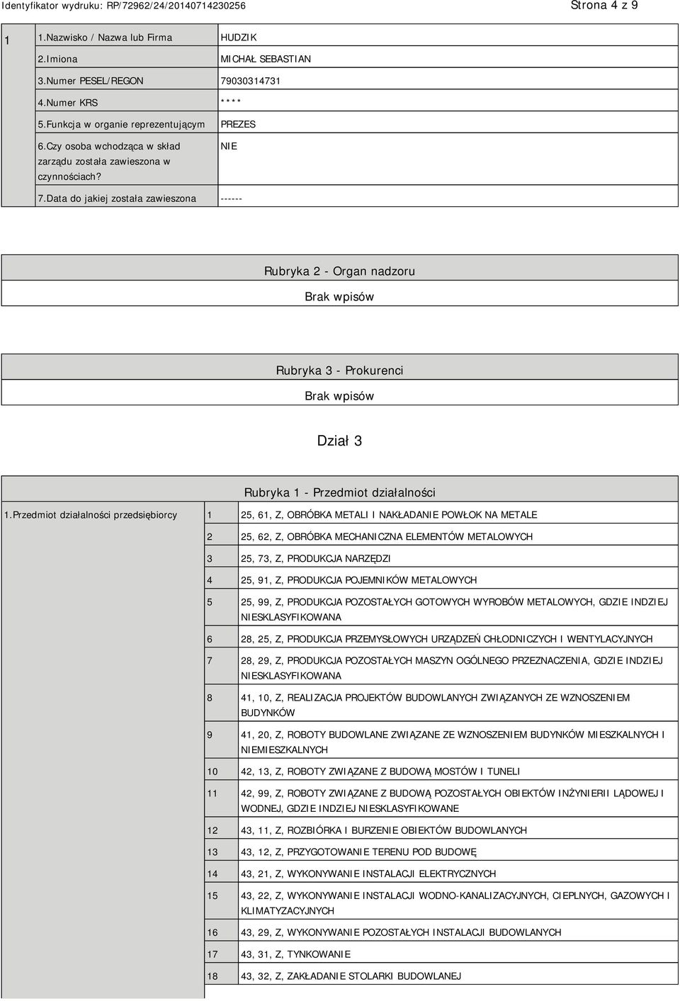 Data do jakiej została zawieszona ------ Rubryka 2 - Organ nadzoru Rubryka 3 - Prokurenci Dział 3 Rubryka 1 - Przedmiot działalności 1.