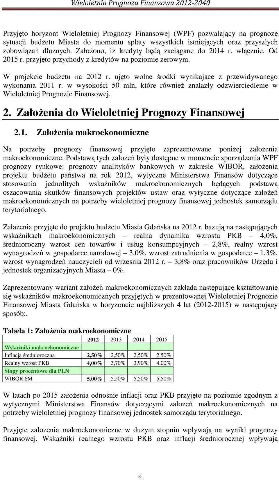 ujęto wolne środki wynikające z przewidywanego wykonania 2011 r. w wysokości 50 mln, które równieŝ znalazły odzwierciedlenie w Wieloletniej Prognozie Finansowej. 2. ZałoŜenia do Wieloletniej Prognozy Finansowej 2.