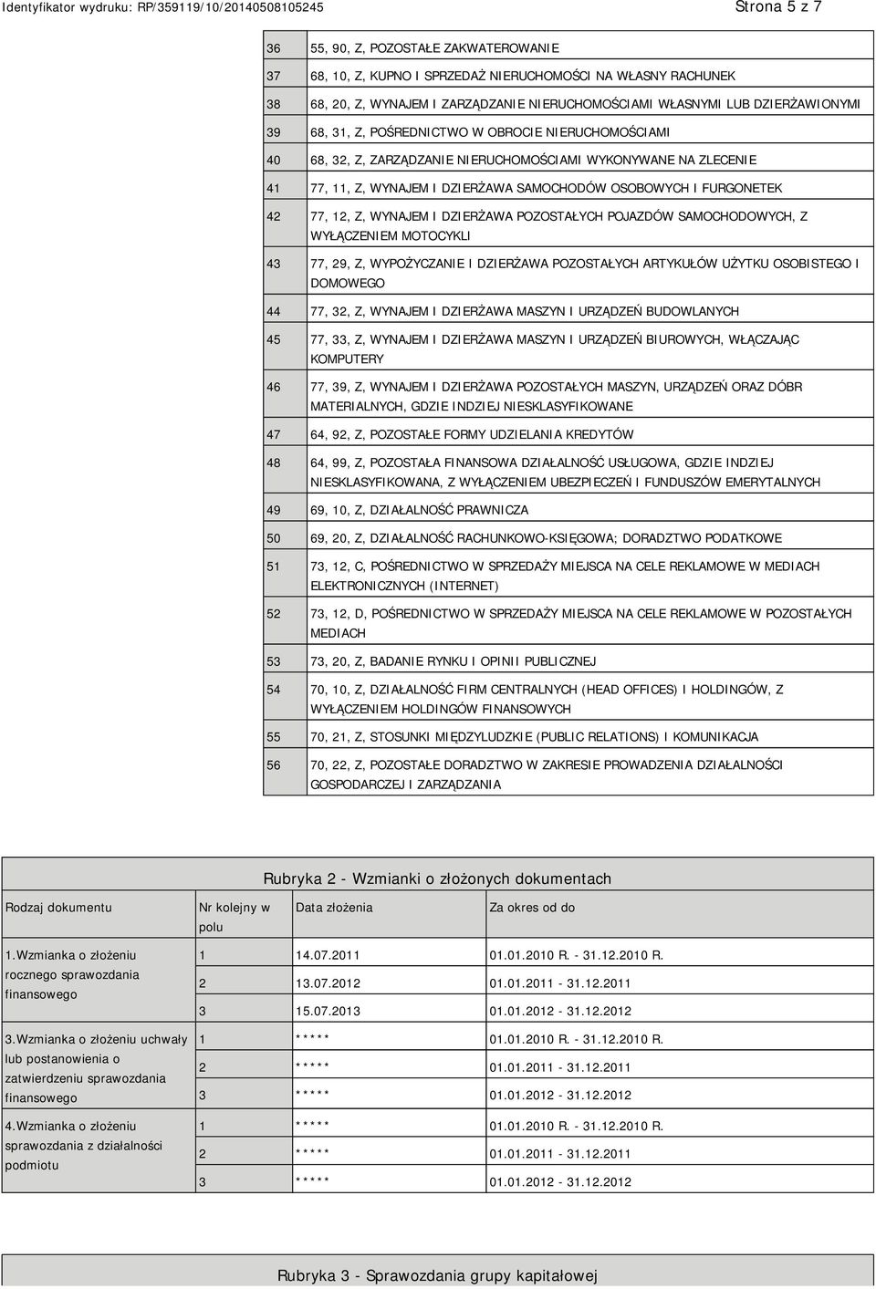 POZOSTAŁYCH POJAZDÓW SAMOCHODOWYCH, Z WYŁĄCZEM MOTOCYKLI 43 77, 29, Z, WYPOŻYCZA I DZIERŻAWA POZOSTAŁYCH ARTYKUŁÓW UŻYTKU OSOBISTEGO I DOMOWEGO 44 77, 32, Z, WYNAJEM I DZIERŻAWA MASZYN I URZĄDZEŃ