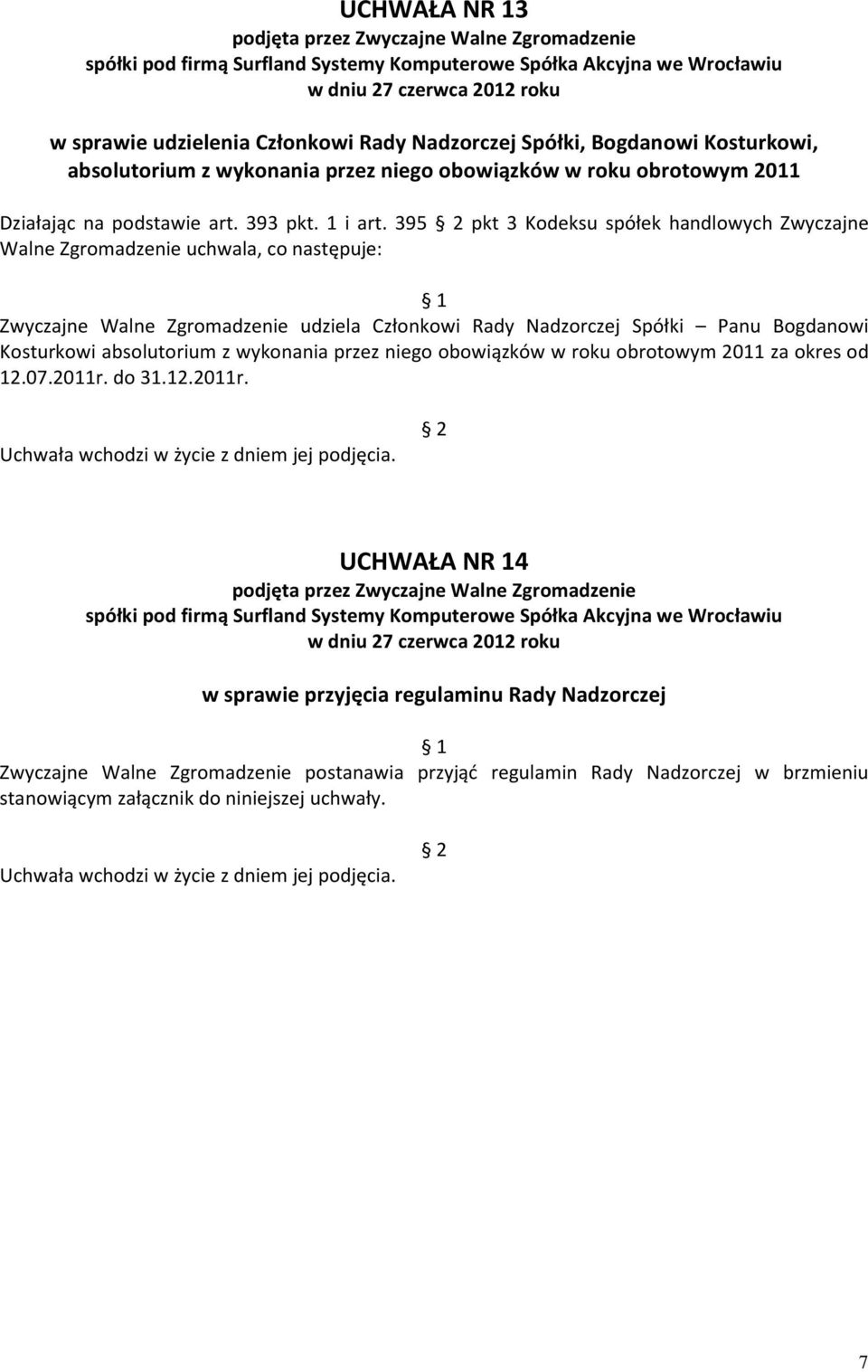 395 pkt 3 Kodeksu spółek handlowych Zwyczajne Walne Zgromadzenie uchwala, co następuje: Zwyczajne Walne Zgromadzenie udziela Członkowi Rady Nadzorczej Spółki Panu Bogdanowi