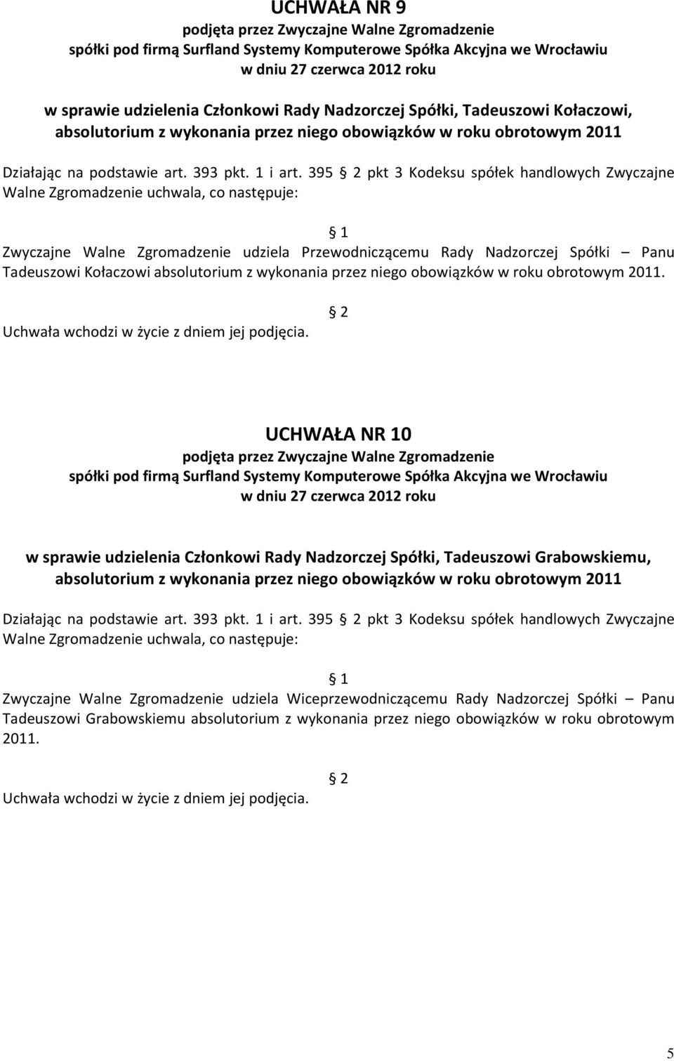 395 pkt 3 Kodeksu spółek handlowych Zwyczajne Walne Zgromadzenie uchwala, co następuje: Zwyczajne Walne Zgromadzenie udziela Przewodniczącemu Rady Nadzorczej Spółki Panu Tadeuszowi Kołaczowi