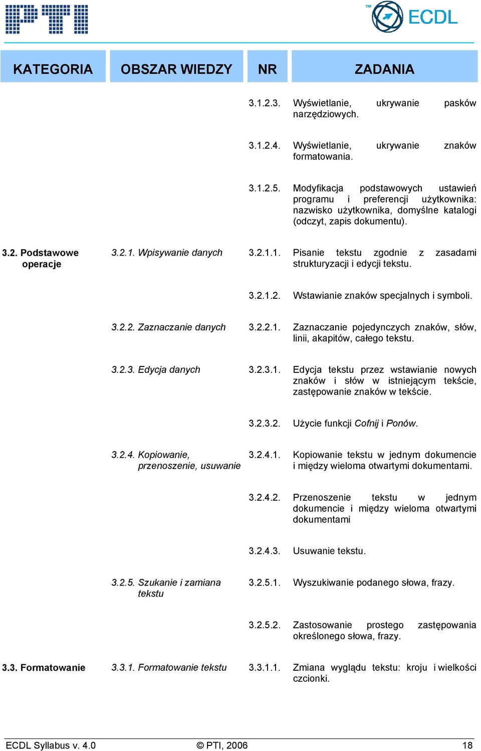 Wpisywanie danych 3.2.1.1. Pisanie tekstu zgodnie z zasadami strukturyzacji i edycji tekstu. 3.2.1.2. Wstawianie znaków specjalnych i symboli. 3.2.2. Zaznaczanie danych 3.2.2.1. Zaznaczanie pojedynczych znaków, słów, linii, akapitów, całego tekstu.