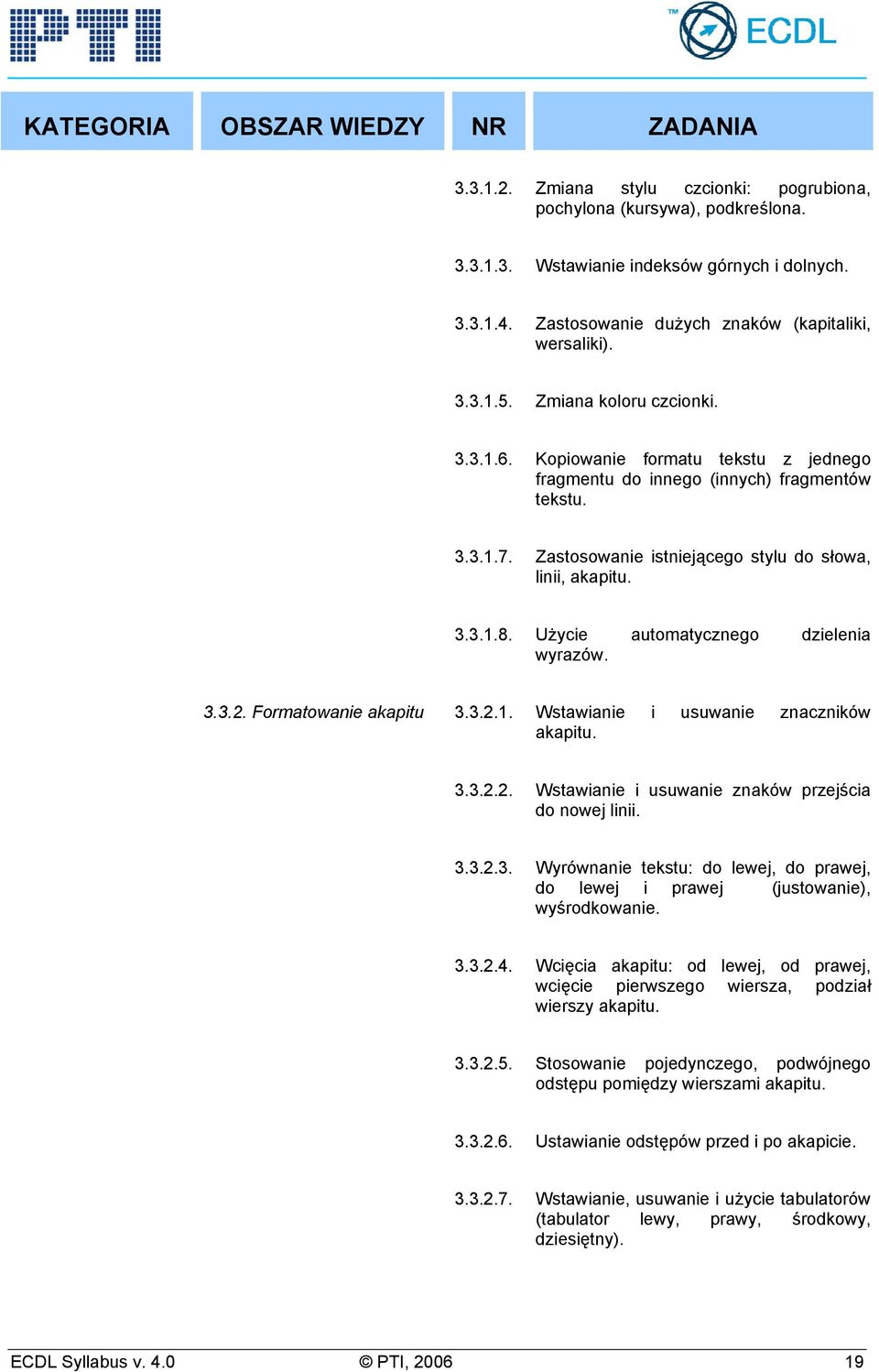 Użycie automatycznego dzielenia wyrazów. 3.3.2. Formatowanie akapitu 3.3.2.1. Wstawianie i usuwanie znaczników akapitu. 3.3.2.2. Wstawianie i usuwanie znaków przejścia do nowej linii. 3.3.2.3. Wyrównanie tekstu: do lewej, do prawej, do lewej i prawej (justowanie), wyśrodkowanie.