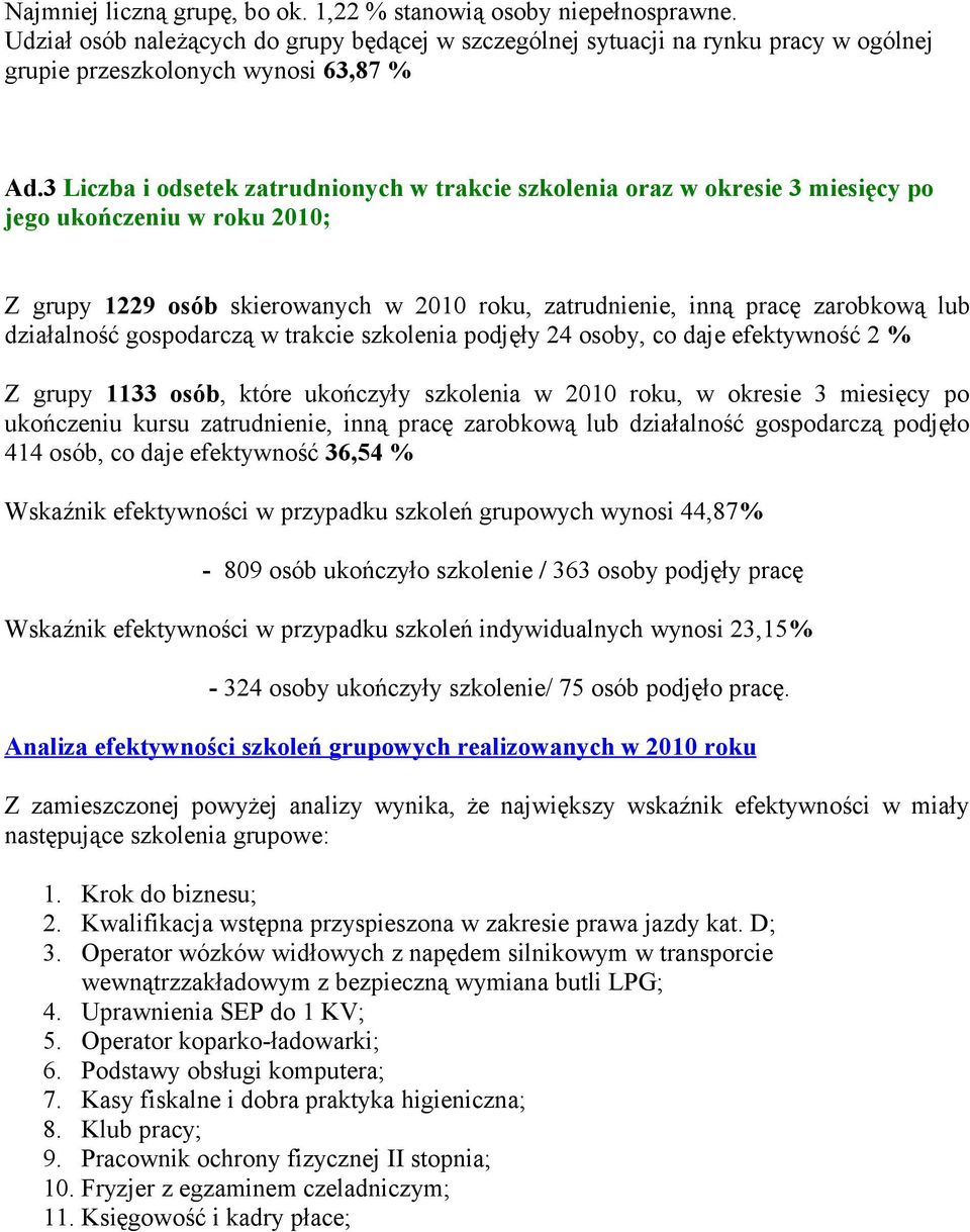 działalność gospodarczą w trakcie szkolenia podjęły 24 osoby, co daje efektywność 2 % Z grupy 1133 osób, które ukończyły szkolenia w 2010 roku, w okresie 3 miesięcy po ukończeniu kursu zatrudnienie,