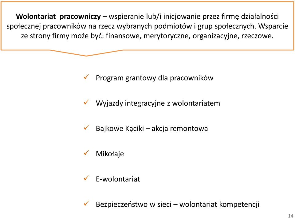 Wsparcie ze strony firmy może być: finansowe, merytoryczne, organizacyjne, rzeczowe.