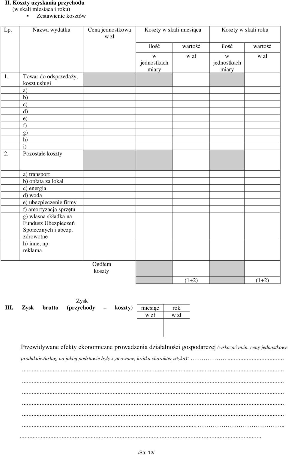 ubezpieczenie firmy f) amortyzacja sprzętu g) własna składka na Fundusz Ubezpieczeń Społecznych i ubezp. zdrowotne h) inne, np. reklama Ogółem koszty (1+2) (1+2) Zysk III.