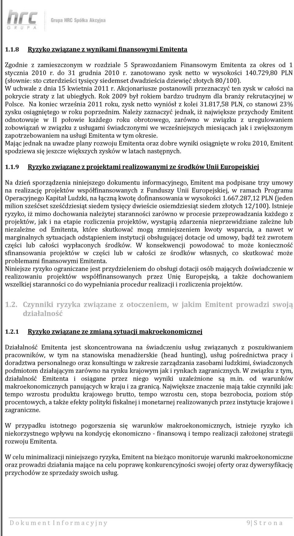 Akcjonariusze postanowili przeznaczyć ten zysk w całości na pokrycie straty z lat ubiegłych. Rok 2009 był rokiem bardzo trudnym dla branży rekrutacyjnej w Polsce.