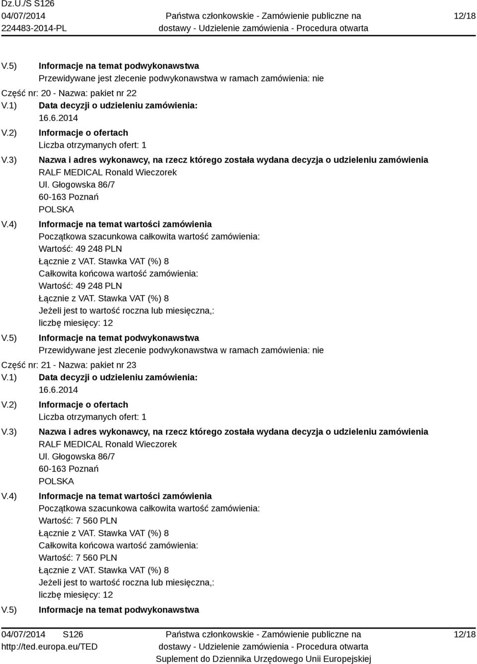 PLN Część nr: 21 - Nazwa: pakiet nr 23 RALF MEDICAL Ronald Wieczorek Ul.