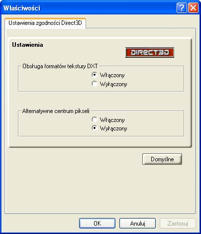 36 Zakładka ATI 3D Ustawienia zgodności Direct 3D Okno dialogowe Ustawienia zgodności Direct 3D Ustawienia zgodności Direct 3D Obsługa formatów tekstury DXT Alternatywne centrum pikseli Przycisk