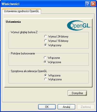 Zakładka ATI 3D 37 Ustawienia zgodności OpenGL Okno dialogowe Ustawienia zgodności OpenGL Ustawienia zgodności OpenGL Wymuś głębię bufora Z Potrójne buforowanie Sprzętowa akceleracja OpenGL Przycisk