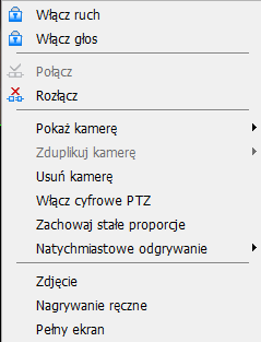 1.3 Menu podręczne System umożliwia szybką zmianę ustawień kamery. Wystarczy nacisnąć prawym przyciskiem myszy na ekranie kamery, aby wyświetlić menu podręczne. 1.3.1 Włącz ruch / Zoom Dla kamer z funkcją PTZ można Włączyć ruch, dzięki czemu użytkownik może zmienić kierunek widzenia kamery za pomocą myszy.