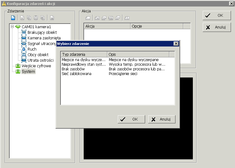 4.1.11 Zdarzenie systemowe - Przypisanie zdarzenia systemowego Krok 1 Krok 2 Krok 1: Podświetl na liście System i naciśnij Dodaj zdarzenie. Krok 2: Istnieją 4 typy zdarzeń.