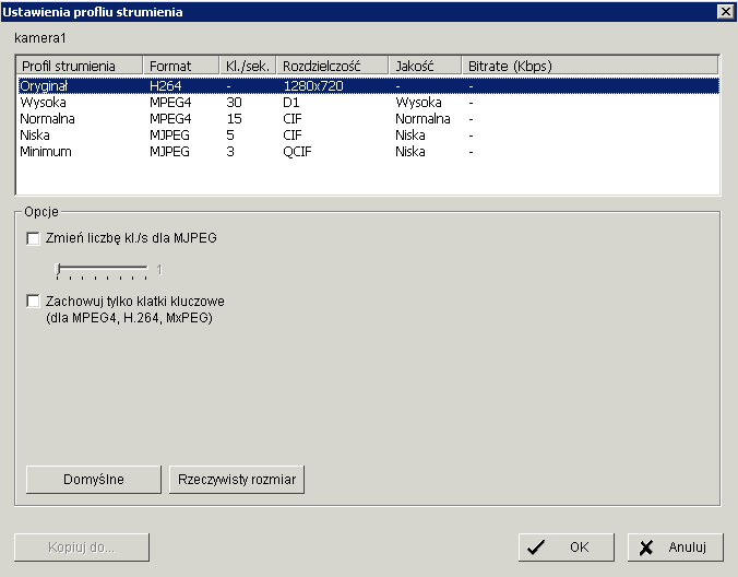 Profil strumienia: Kamera ma predefiniowane prolife strumienia odpowiednie dla każdego sposobu podglądu obrazu. Każdy profil ma różny format, ilość klatek/sek, rozdzielczość, jakość i bitrate.