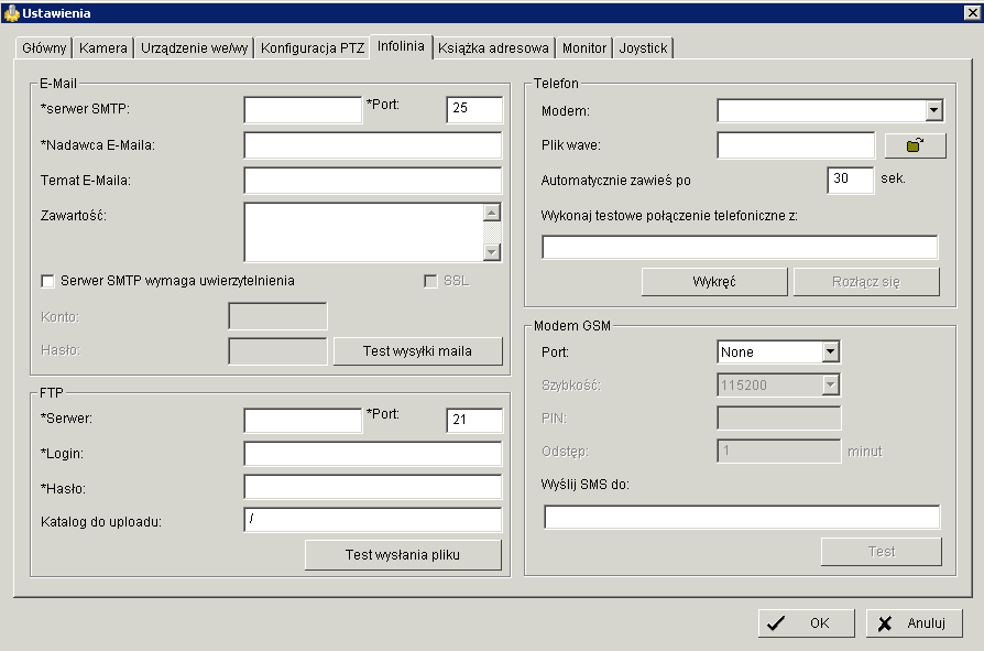 5.5 Ustawienia Infolinia Skonfiguruj ustawienia Infolinii takie jak: E-mail, FTP, modem GSM, telefon, w celu wysłania powiadomienia po wykryciu zdarzenia.