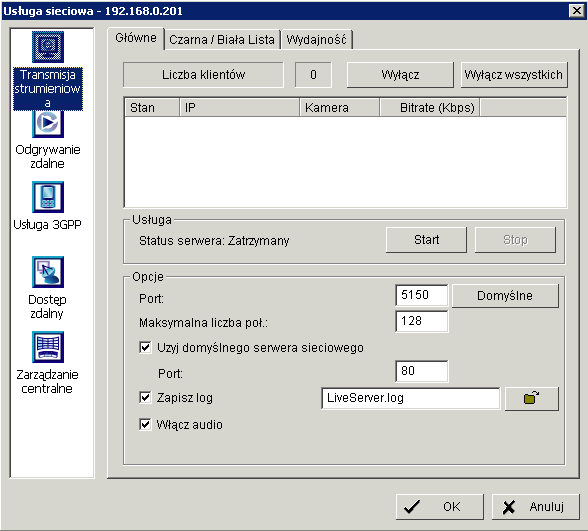 5.14 Usługa sieciowa W systemie dostępnych jest 5 typów usług sieciowych: Transmisja strumieniowa, Odgrywanie zdalne, Usługa 3GPP, Zdalny dostęp oraz Centralne zarządzanie.